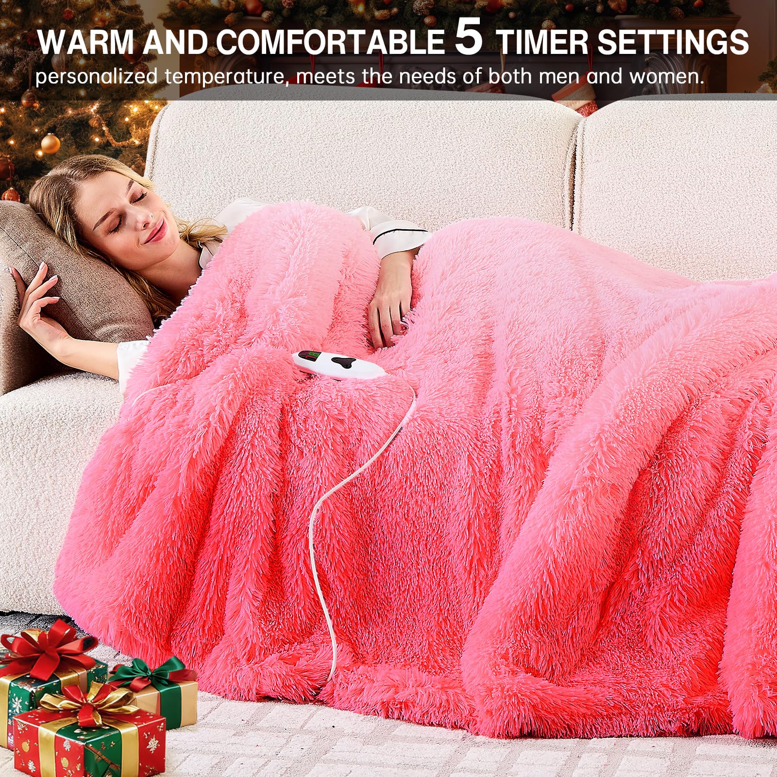 RUJIPO Heated Electric Blanket Heating Throw,Warm Winter Christmas Birthday Gifts for Her Women Grandma Seniors-Faux Fur Blanket with Soft Sherpa,10 Heat Settings,5 Time Settings,50x60, Baby Pink