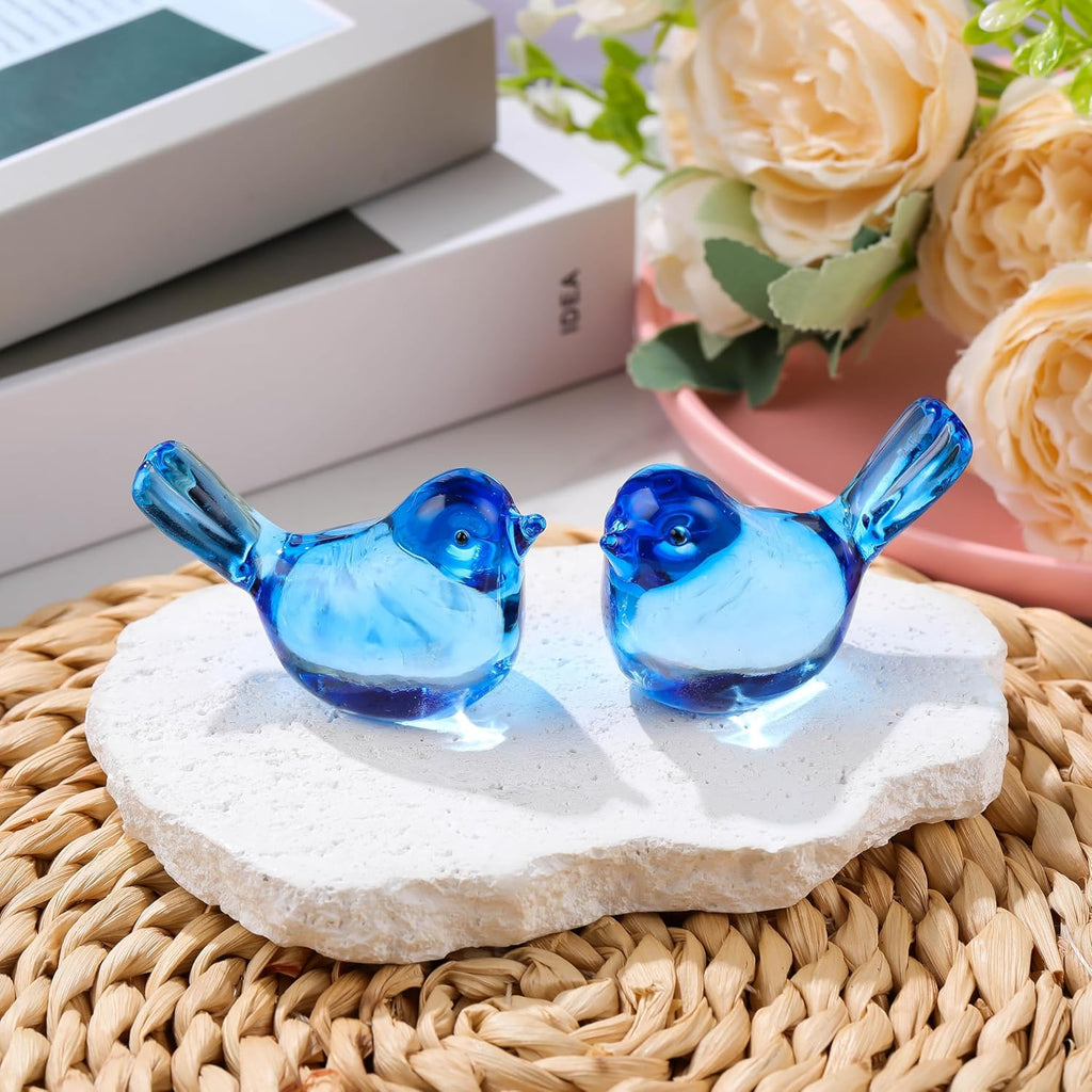 Qianwei Crystal Bird Figurine Set - Handmade Blown Glass Birds for Office Desk Decor | 2pcs Sky Blue