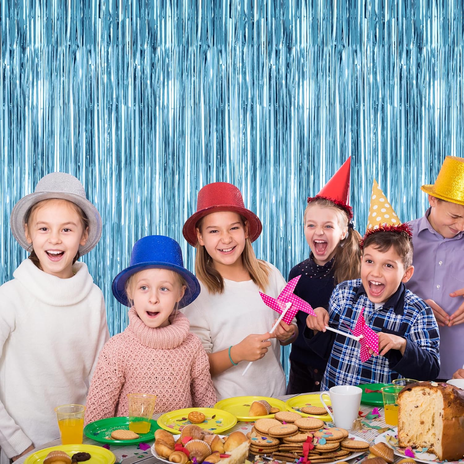Skiennix 2 Pack Fringe Backdrop - Metallic Ocean Blue Foil Curtains | 3.28 FT x 7.05 FT Birthday & Bachelorette Party Decor