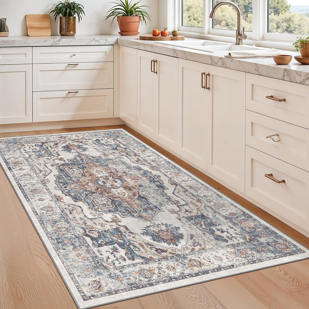 Skiennix Washable 3x5 Kitchen Area Rug - Cozy Soft Low Pile Carpet for Living Room & Entryway | Brick