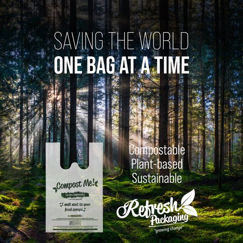Refresh Packaging - 100% Certified Compostable Shopping Bags - Multipurpose Use - T-Shirt Style Bags - 500 Bags Per Case - Eco Friendly - Reduces Waste - Sustainable - No Pollution - Zero Waste