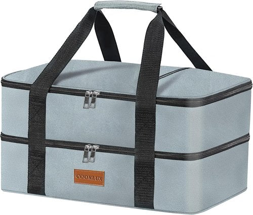 Double Decker Casserole Carrier by [Brand Name] - Insulated Food Warmer Bag for Potlucks | Fits 9"x13" Baking Dish, Leak-Proof, Durable Nylon, Grey