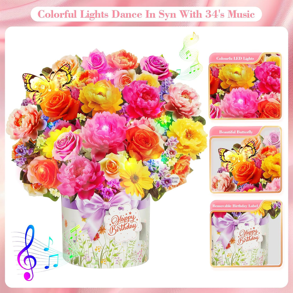 XTF2015 Birthday Cards - Musical & Light-Up Happy Birthday Card | 3D Peony & Butterfly Design