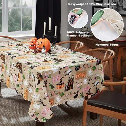 Newbridge Halloween Witches Brew Tablecloth - 52x52 Inch Vinyl with Flannel Backing, Cute Ghost & Cat Design