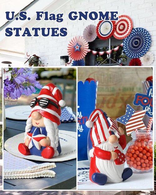 iStatue 4th of July Gnomes - Set of 2 Resin Patriotic Gnomes with American Flag - Perfect Independence Day Decor