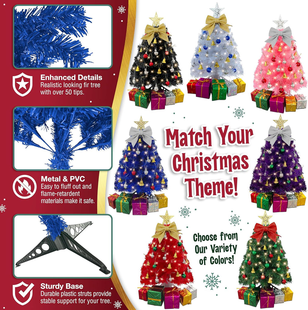 Small Blue Christmas Tree - 23 Inch Mini Tabletop Tree with Warm-White LED Lights & Ornaments