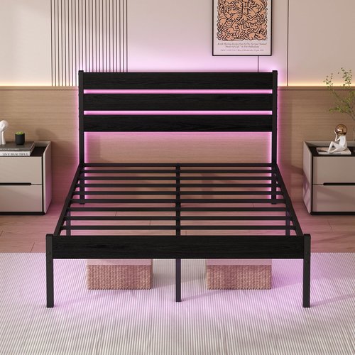 Chuangshuo Guard Full Size Bed Frame with Headboard,Heavy Duty LED Bed Frame with USB Charging Station,Mattress Foundation-Under Bed Storage, No Box Spring Needed, Noise Free，Black
