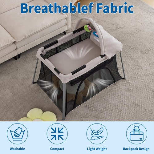 Portable Travel Crib for Baby & Toddler, Gentle Monster Lightweight 2 in 1 Baby Travel Pack and Play Bassinet with Mattress and Sunshade, Foldable Travel Crib Mini Playpen Playard for Indoor Outdoor