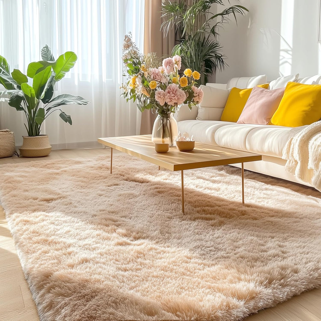 OLANLY Large 5x8 Machine Washable Area Rug - Soft Fluffy Shaggy Carpet for Living Room & Bedroom | Beige