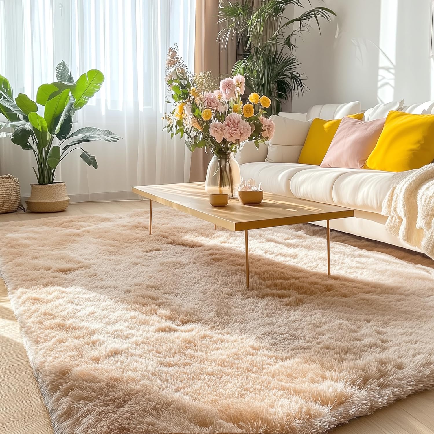 OLANLY Area Rug - Soft Fluffy Shaggy Design | Machine Washable 4x5.9 ft for Living Room & Bedroom - Beige