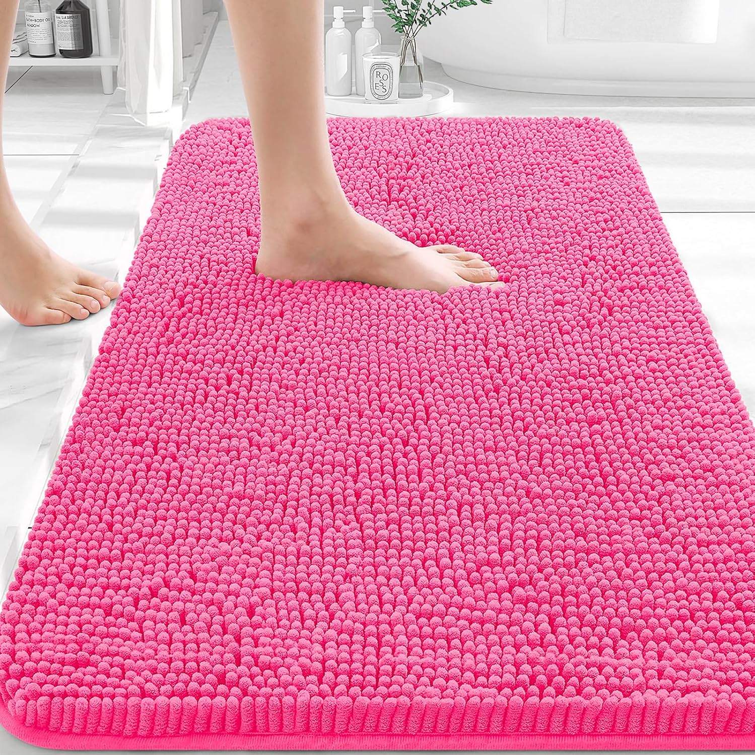 OLANLY Bath Rugs - Extra Soft Chenille, Quick-Dry, Machine Washable | 36x24, Hot Pink Bathroom Mats
