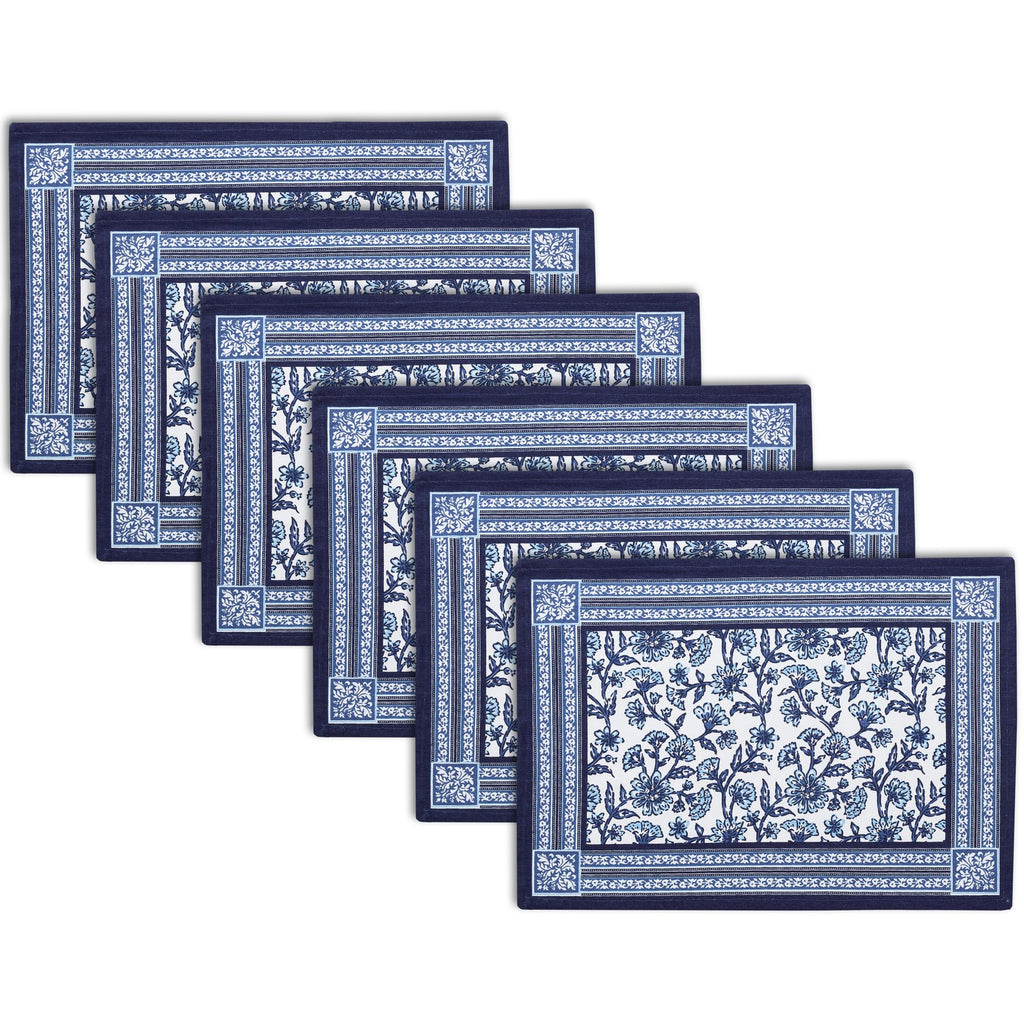 Encasa XO Dining Table Mats Set of 6 | Indigo-02 Block Printed Cotton Canvas Placemat - 18x13 in | Jaipur Sanganeri Hand Print