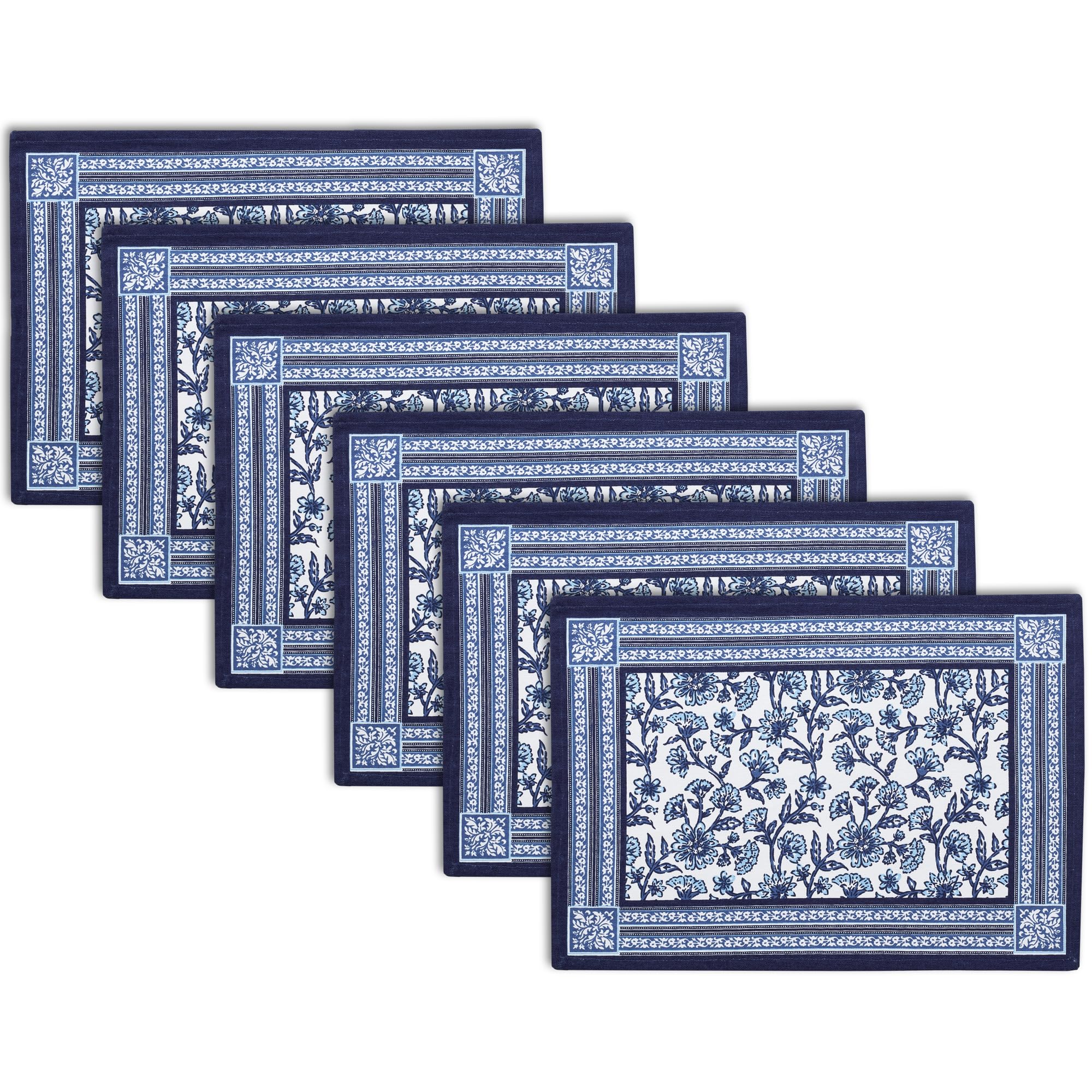 Encasa XO Dining Table Mats Set of 6 | Indigo-02 Block Printed Cotton Canvas Placemat - 18x13 in | Jaipur Sanganeri Hand Print