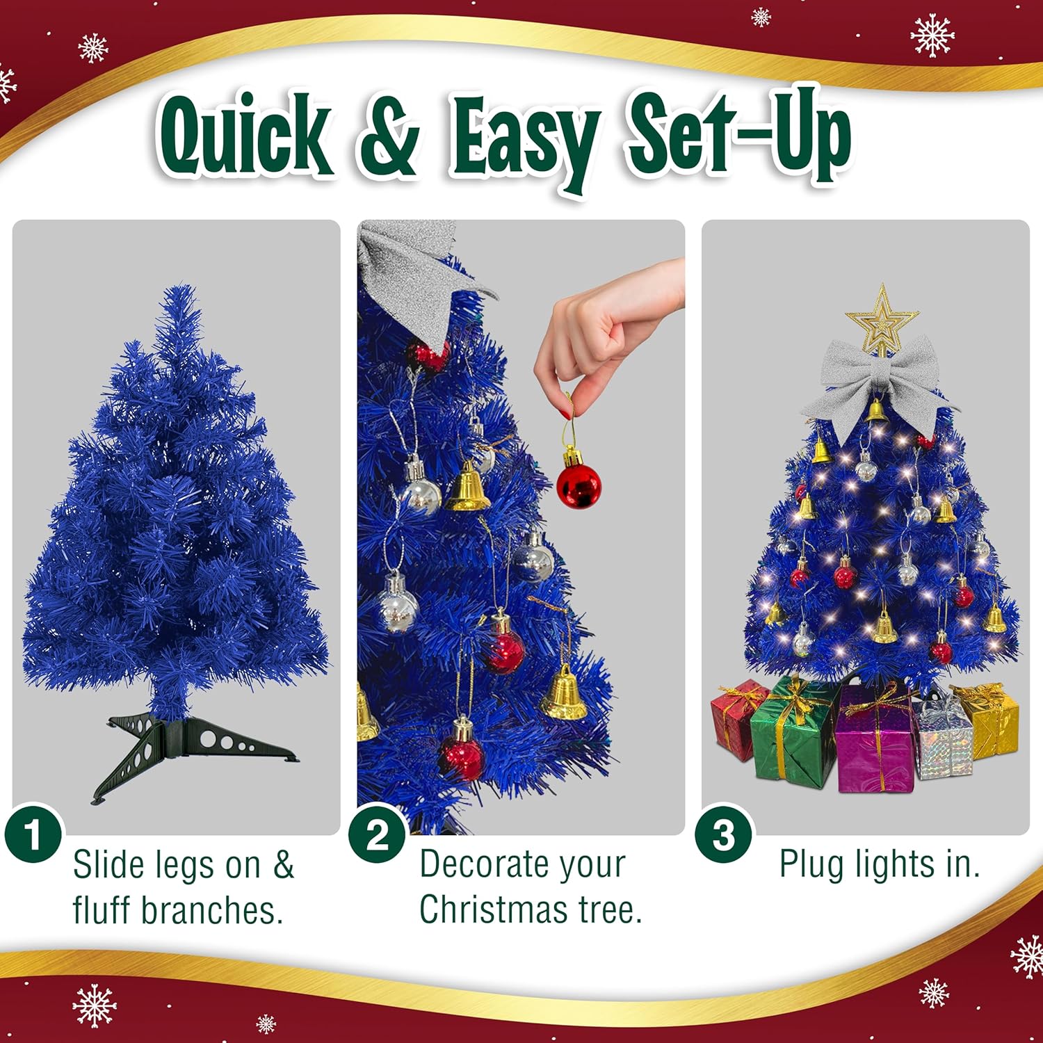 Small Blue Christmas Tree - 23 Inch Mini Tabletop Tree with Warm-White LED Lights & Ornaments