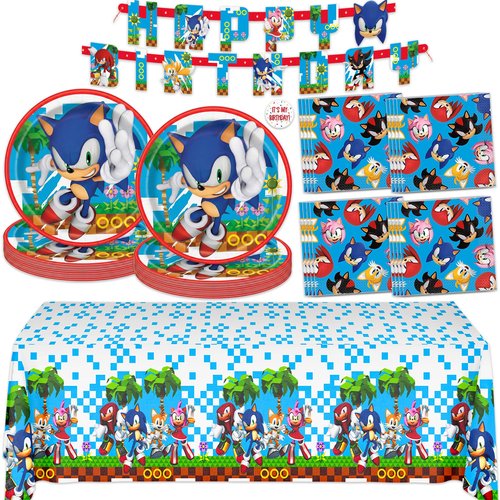 Sonic Birthday Party Decorations for 16 | Banner, Tablecloth, Sonic Plates and Napkins, Sticker | Sonic Party Decorations | Officially Licensed