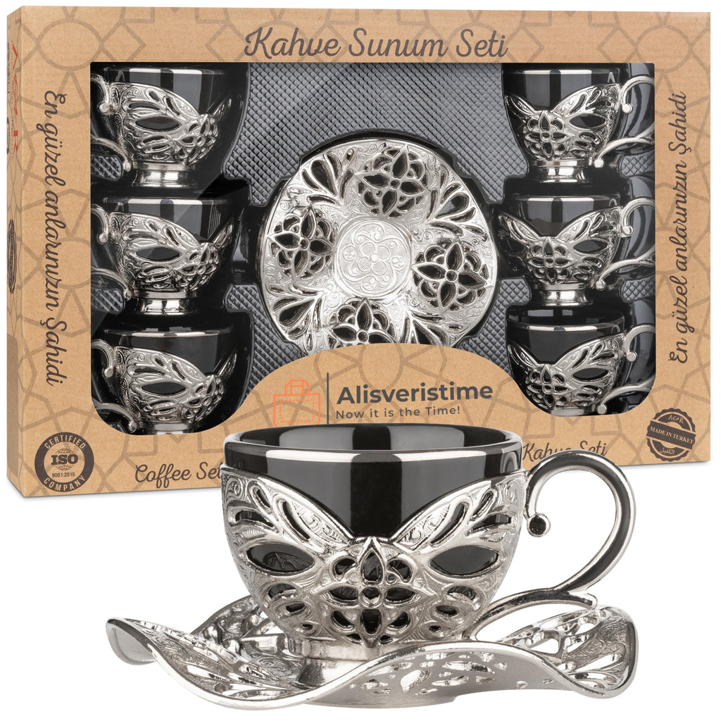 Alisveristime Turkish Coffee Set for Six, 6 Black Porcelain Cups with Gilded Rims, Zamac Holders and Saucers, Two Color Variations: Gold and Silver (Gilded-Design) (Silver)