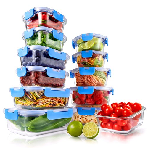 24-Piece Glass Food Storage Containers - Stackable Superior Glass Meal-prep Containers w/Newly Innovated Hinged BPA-Free 100% Leakproof Locking Lids - Freezer-to-Oven-Safe - NutriChef NCGLBU.5 (Blue)