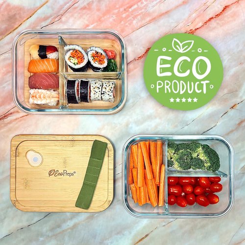 EcoPreps Large Glass Bento Box Containers with Bamboo Lids, 3 Compartment Glass Meal Prep Container Set (2 Pack, XL) - 100% Plastic Free, Eco-Friendly Lunch Containers, Bento Boxes for Adults