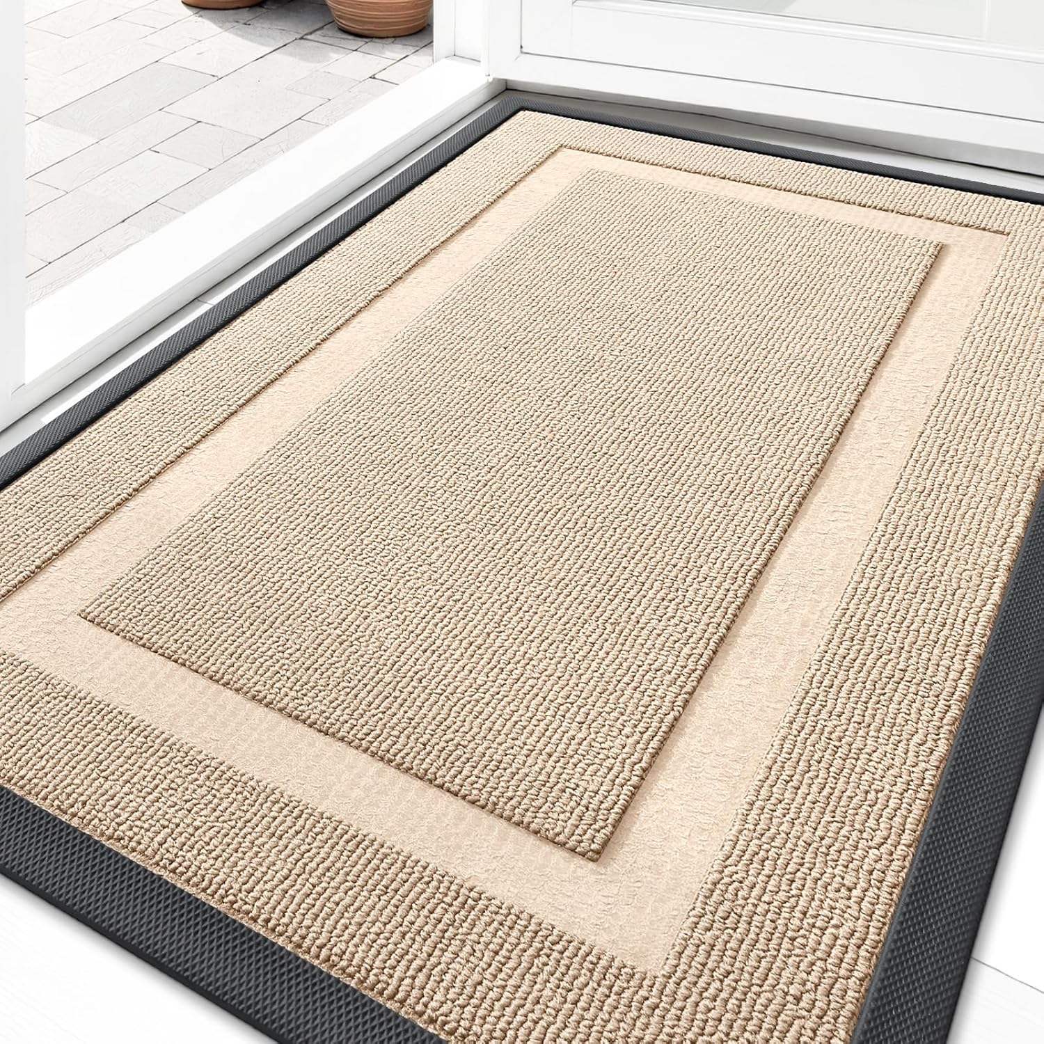 OLANLY Waterproof All-Season Front Door Mat - Sturdy Natural Rubber, Easy Clean, 33x21, Off-White