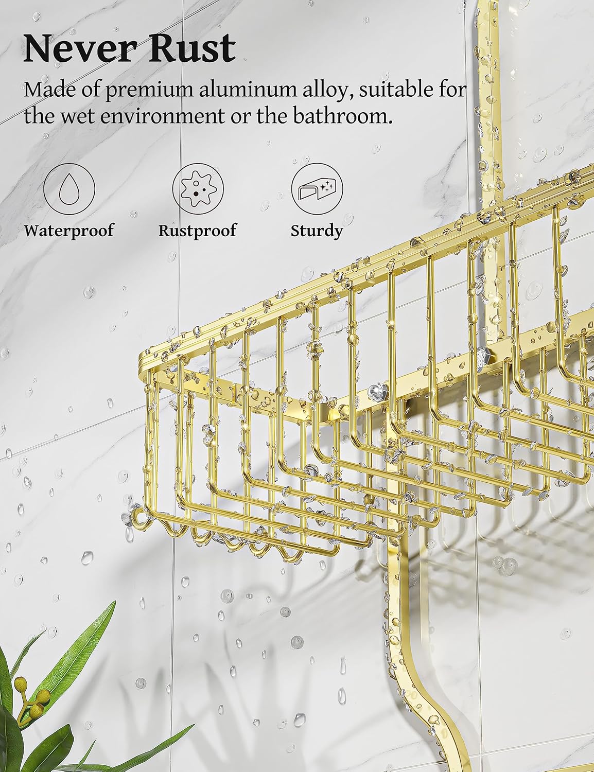 YASONIC Shower Caddy Organizer - Rust-Free Aluminum Over-the-Showerhead Rack with 10 Hooks & Soap Basket - Gold