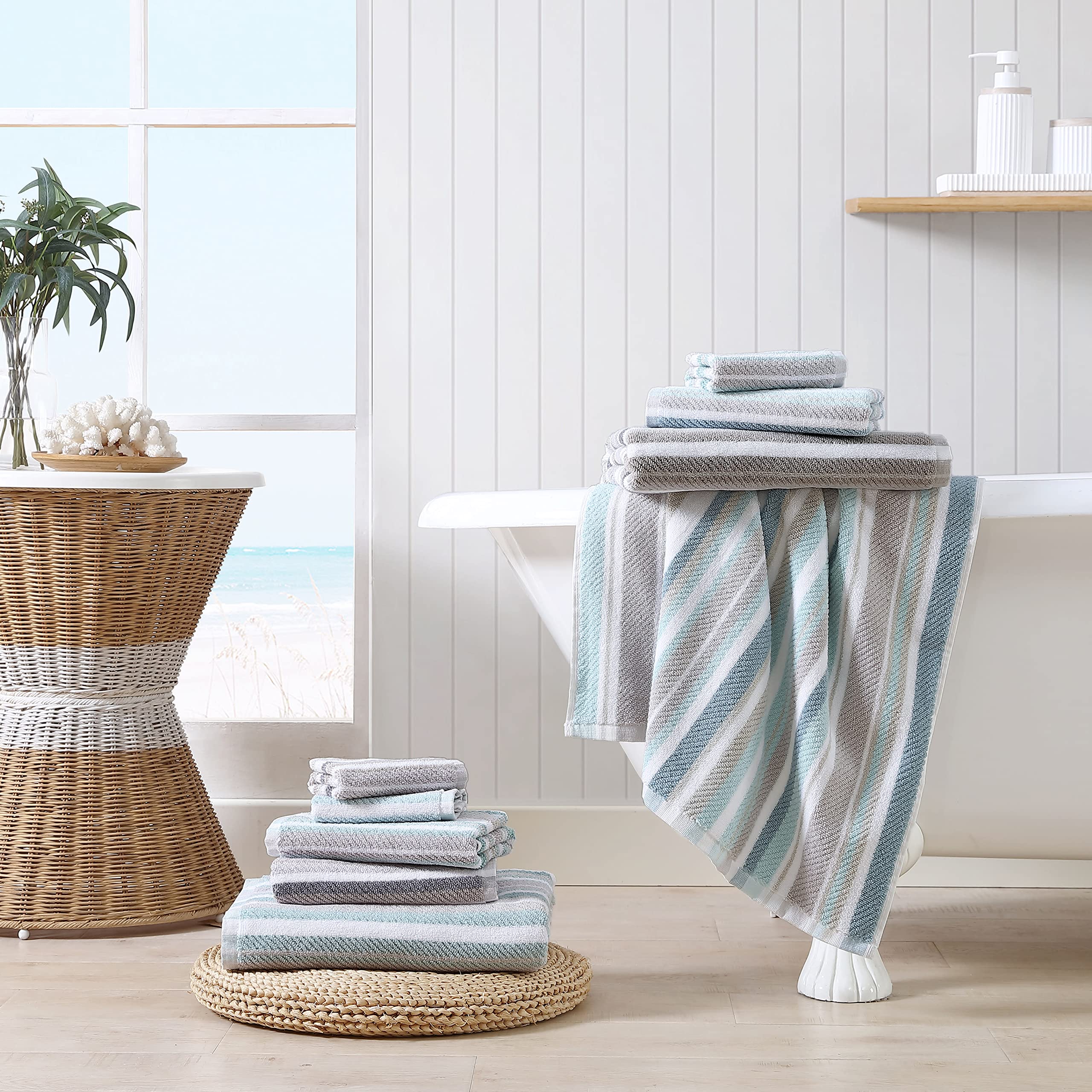 Tommy Bahama - Bathroom Towel Set, 100% Highly Absorbent Yarn-Dyed Cotton Towels, Low-Linting & Fade-Resistant (Ocean Bay Grey, 3 Piece)