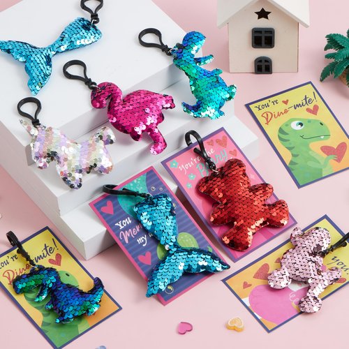 JOYIN 30 Pack Valentines Day Gift Cards with Gift Glitter Flip Sequin Keychain for Valentine's Classroom Exchange Prizes, Kids Party Favors
