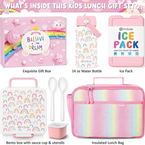 Fimibuke Kids Bento Lunch Box Set - 4 Compartments, Insulated Bag & Stainless Steel Bottle | Perfect Birthday Gift for Ages 3-12