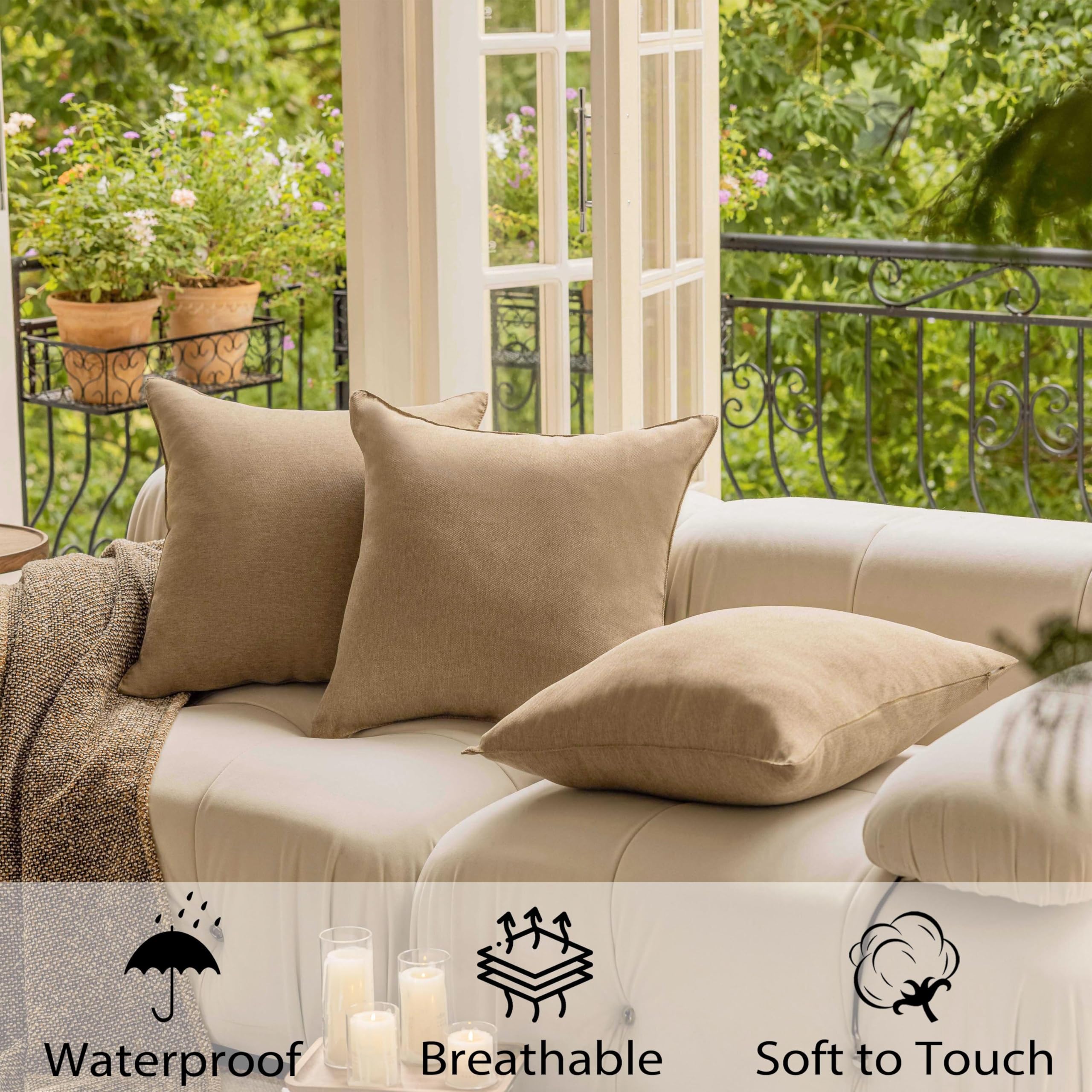 Demetex Outdoor Linen Pillow Covers 18x18 Waterproof Square Throw Pillow Covers Farmhouse Pillow Cases for Balcony Porch Patio, Set of 4, 18 x 18 Inch, Linen