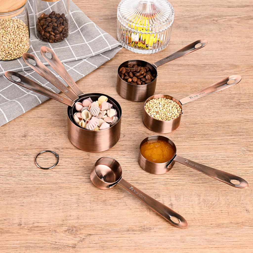 Viwehots Copper Measuring Cups and Spoons Set 16, Dry&Liquid Stainless Steel Measuring Cups and Spoons, 7 Metric&US Measing Cups & 6 Measuring Spoons & Measure Equivalents for Kitchen&Baking