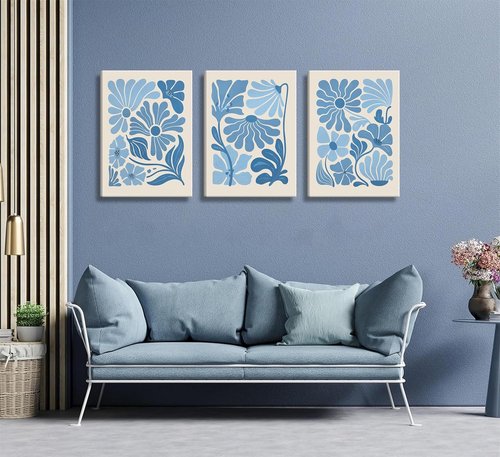 Blue Flower Market Canvas Wall Art - Boho Botanical Aesthetic Prints for Living Room Decor | Light Blue