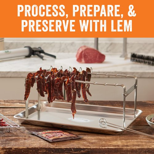 LEM Products Jerky Hanger with 9 Skewers, Backwoods Original Jerky Seasoning, Folding Rack for Oven or Smoker, Stainless Steel