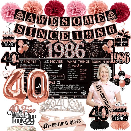 Yesiyeik 40th Birthday Decorations for Women, 40 Year Old Black Rose Gold Vintage AWESOME SINCE 1986 Birthday Banner Backdrop, 32inch 40 Balloons Crown Sash Cake Topper Birthday Party Supplies for Her