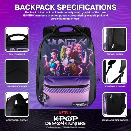 AI Accessory Innovations K-Pop Huntrix 16” Backpack for Girls - Includes Rumi, Zoey, Mira Charm