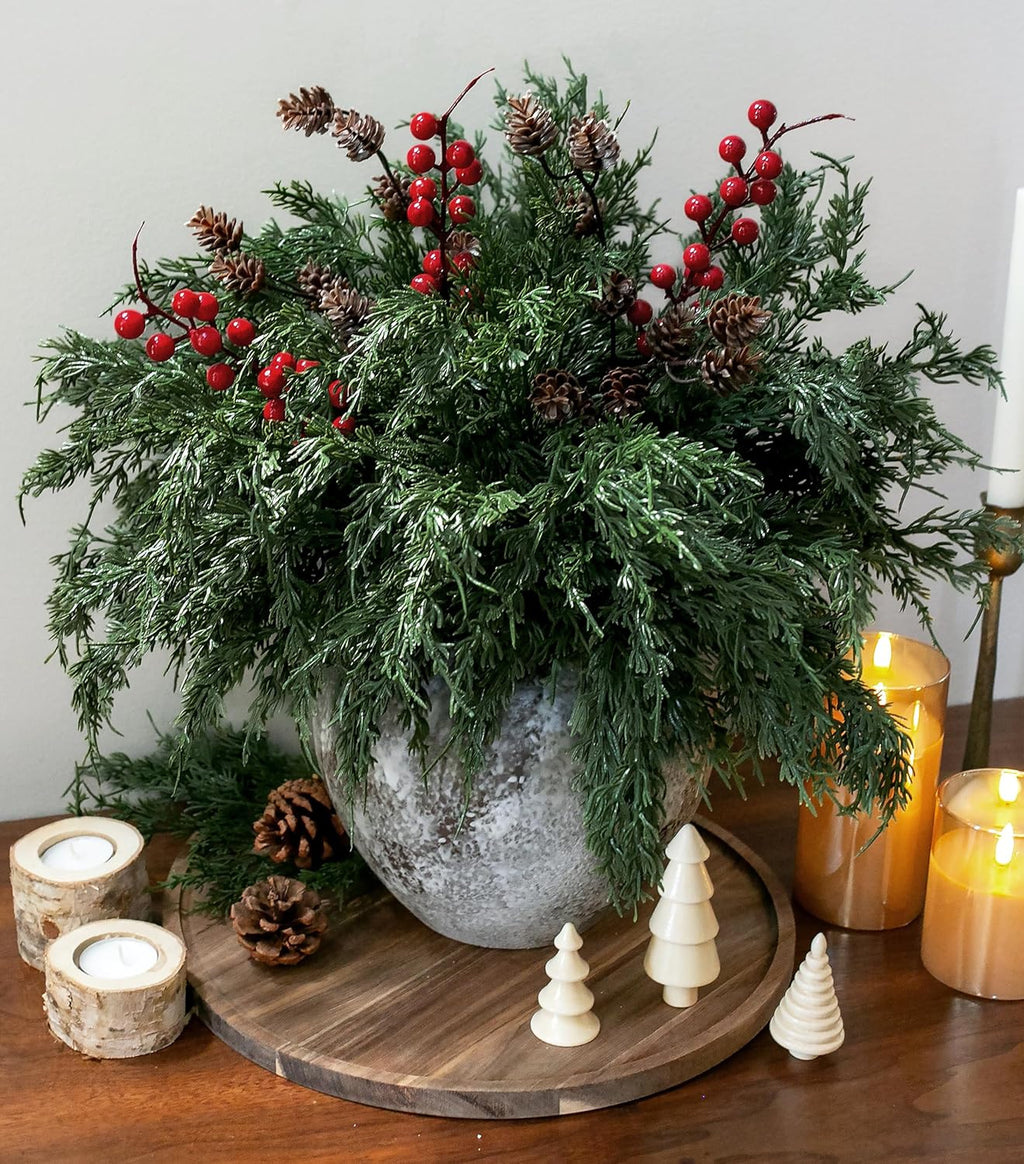 Norfolk Pine Faux Cedar Stems - 17 PCS Realistic Greenery with Pinecones & Red Berries for Christmas Decor