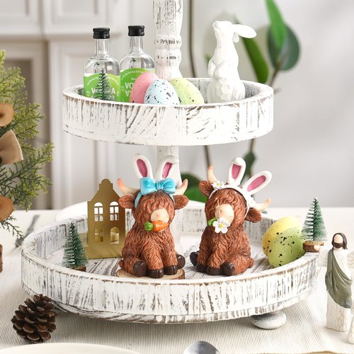 LEAESMHR Easter Highland Cow Decor, 2Pcs Resin Highland Cow Figurines with Bunny Ears, Carrot, Flowers, Festive Decor for Easter, Spring Table Centerpiece for Mantle Shelf