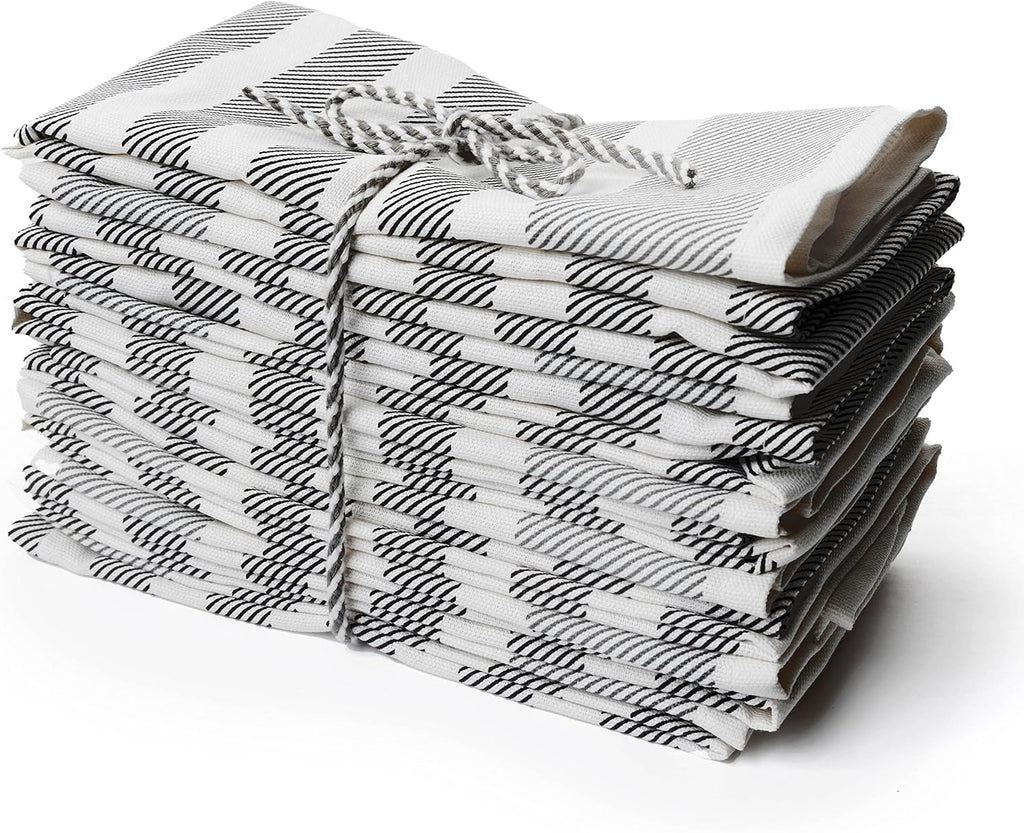 PERLLI Cotton Cloth Napkins - 12 Pack 18x18 Inches | Washable Black, Gray & White Stripes for Dining Decor