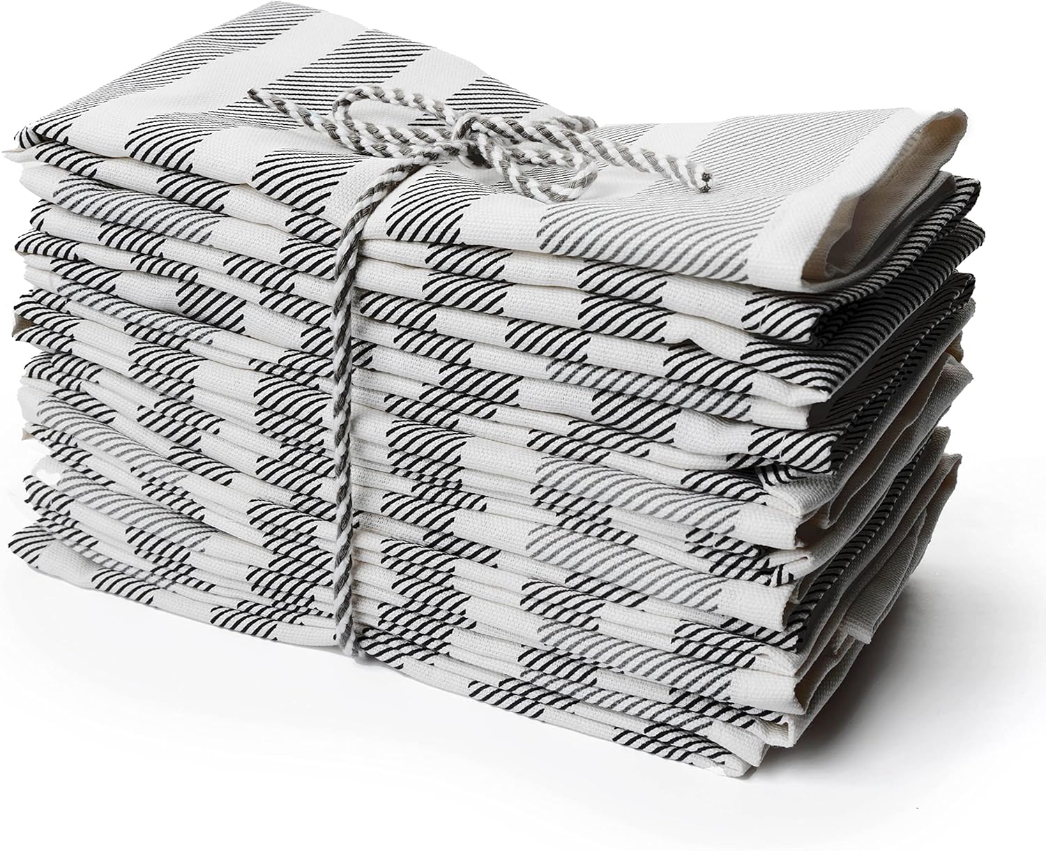 PERLLI Cotton Cloth Napkins - 12 Pack 18x18 Inches | Washable Black, Gray & White Stripes for Dining Decor