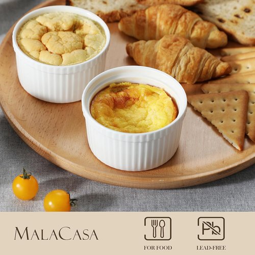 MALACASA Ramekins - 8 oz White Porcelain Set of 6 with Lids | Oven & Dishwasher Safe Custard Cups