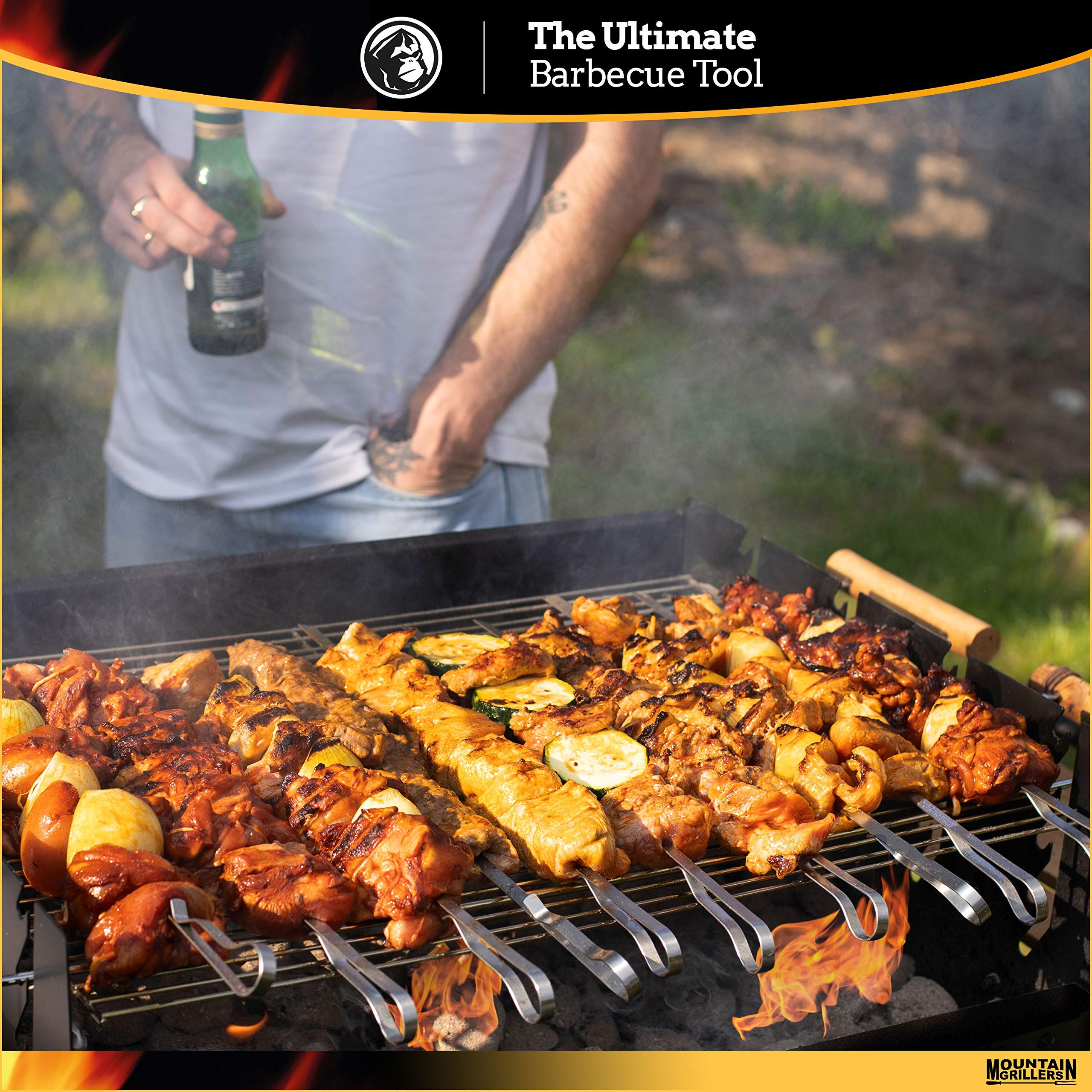 BBQ Grilling Kabob Skewers - 17” Stainless Steel - Long Reusable Flat Metal - Barbecue Shish Kebab Sticks – Set of 10 w/Handy Storage Bag