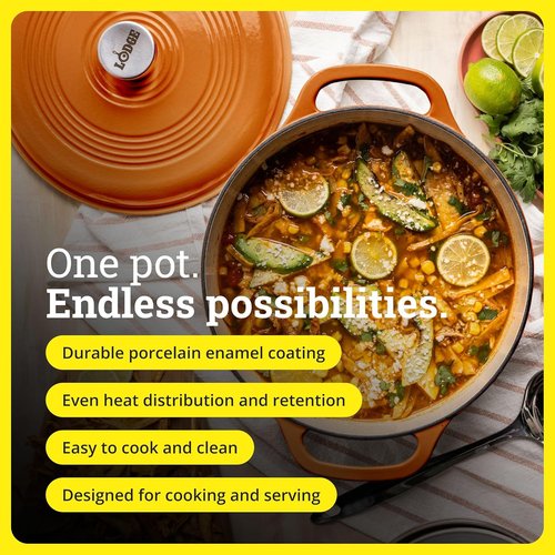 Lodge Essential Enamel Cast Iron Dutch Oven - 6 Quart Moisture-Sealing Lid & Dual Handles - Apricot Color