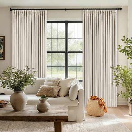 90 Inch Pinch Pleated Blackout Linen Curtains for Bedroom 2 Panels Memory Trained 100% Black Out Soundproof Room Darkening Natural Cream Ivory Birch Window Curtains Double Layer Pinch Pleat Drapes