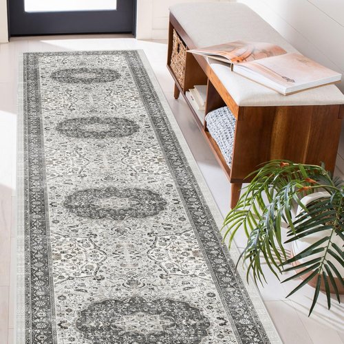 Hallway Washable Runner Rug - Vintage Soft Non-Slip Indoor Carpet | 2'6''x14'' Grey for Kitchen & Entryway
