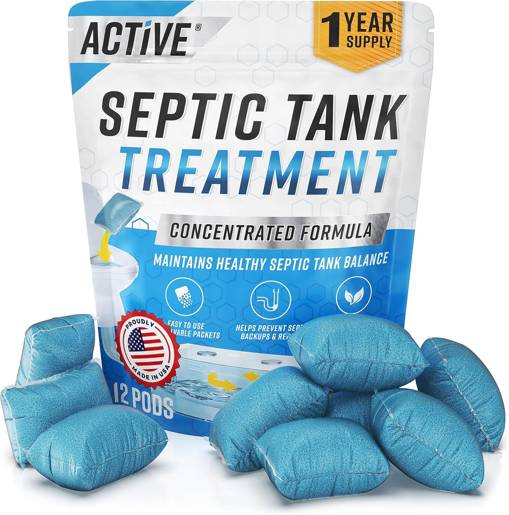 Septic Tank System Treatment Pods - Eco-Friendly Enzyme-Activated Bacteria | 12 Packets for 1 Year Supply | Prevent Clogs & Odors | Made in USA