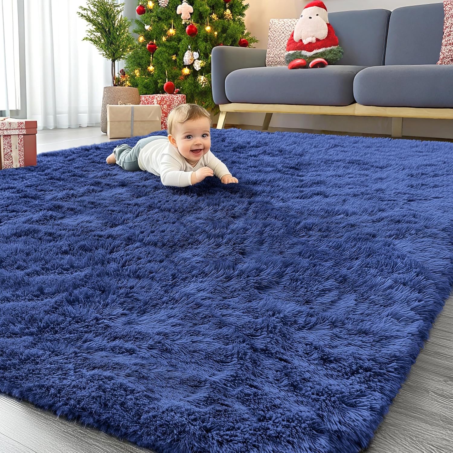 OLANLY Large Area Rug - Soft Fluffy Shaggy Carpet for Living Room & Bedroom | 7x10 Navy Blue