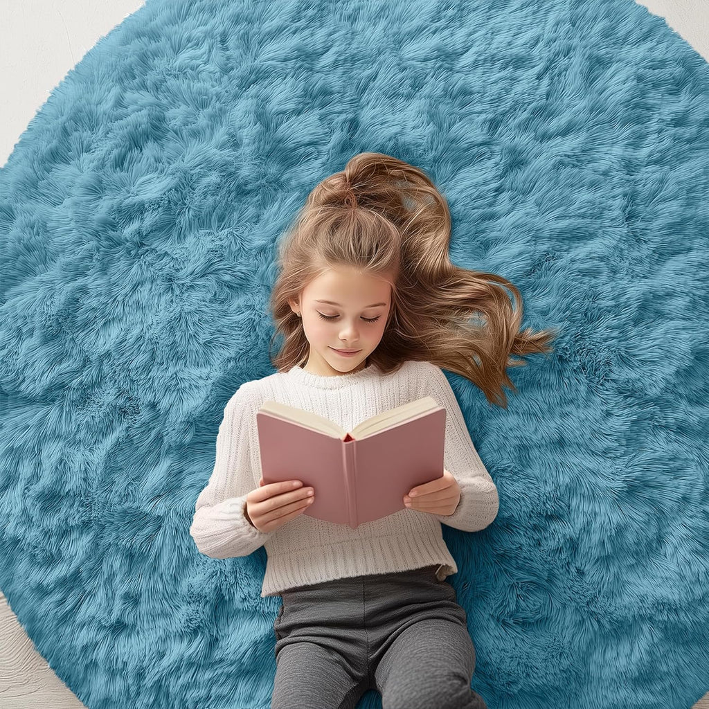 OLANLY Round Slate Blue Area Rug - Soft, Machine Washable 7 ft Shaggy Carpet for Bedroom & Living Room