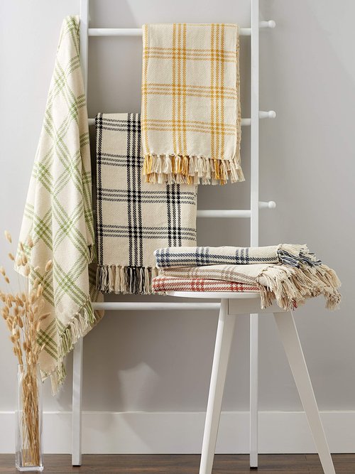 DII Modern Farmhouse Plaid Collection Cotton Fringe Throw Blanket, 50x60, White/French Blue