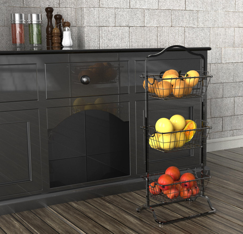Simple Houseware 3-Tier Rigid Wire Market Fruit Basket Stand, Black