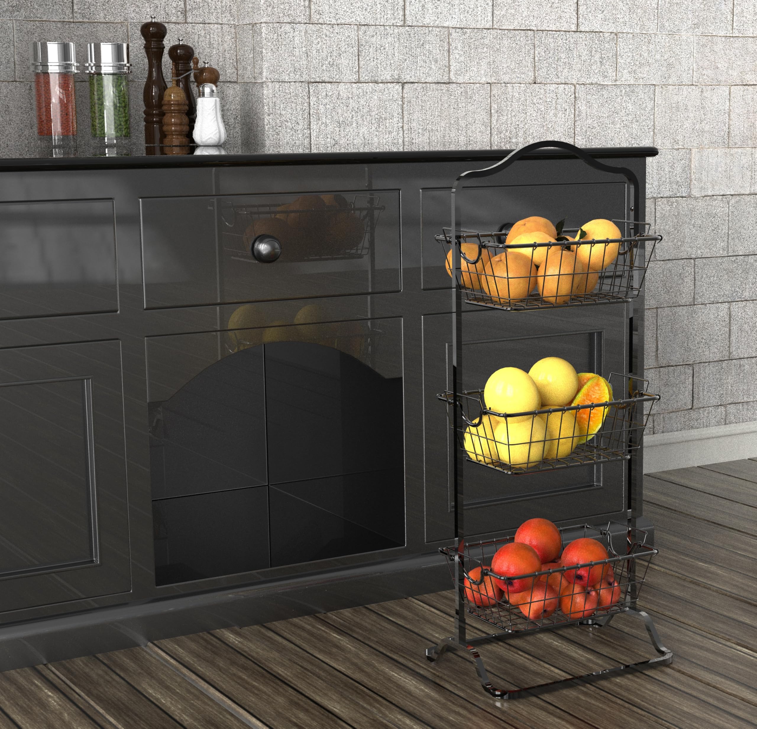Simple Houseware 3-Tier Rigid Wire Market Fruit Basket Stand, Black
