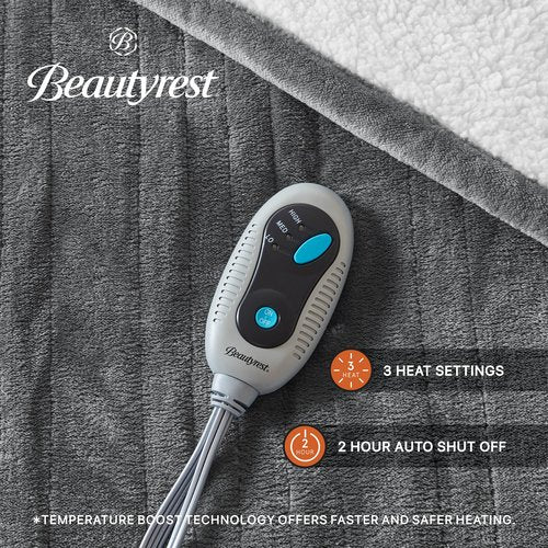 Beautyrest Heated Throw Blanket, Electric Throw, Soft, Warm, Reversible Plush - Sherpa, 3 Heat Settings, 2 hr Auto Shut Off, Machine Washable, 50 x 60 Grey