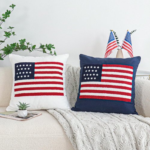 Jonhier 4th of July Throw Pillow Cover, Independence Day Patriotic Throw Pillow Case Tufted American Flag Pattern, Textured Cushion Cases Memorial Day Flag Day Decor for Sofa Bed (Blue, 18” x 18”)
